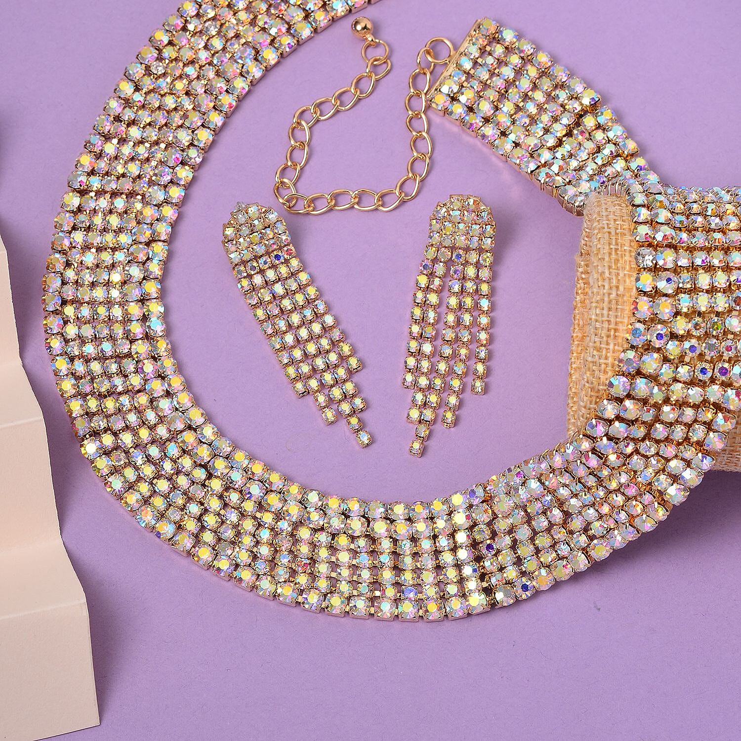 Aurora Borealis Austrian Crystal Necklace 16-20 Inches and Earrings in Goldtone