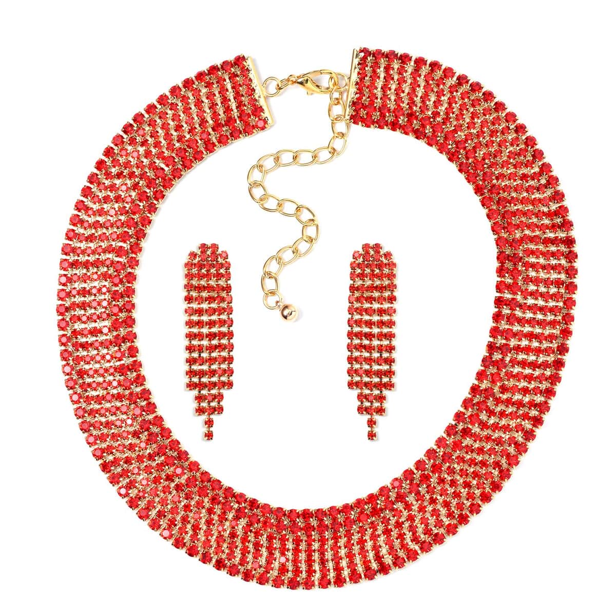 Red Austrian Crystal Necklace and Earrings in Goldtone 18-22 Inches image number 0