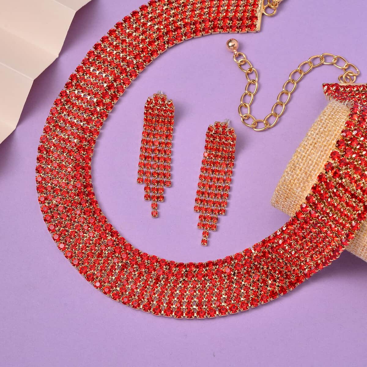 Red Austrian Crystal Necklace 18-22 Inches and Earrings in Goldtone image number 1