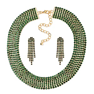 Green Austrian Crystal Necklace and Earrings in Goldtone 18-22 Inches