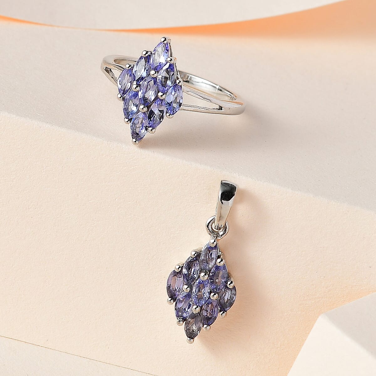 Tanzanite Cluster Ring (Size 8.0) and Pendant in Platinum Over Sterling Silver 1.75 ctw image number 1