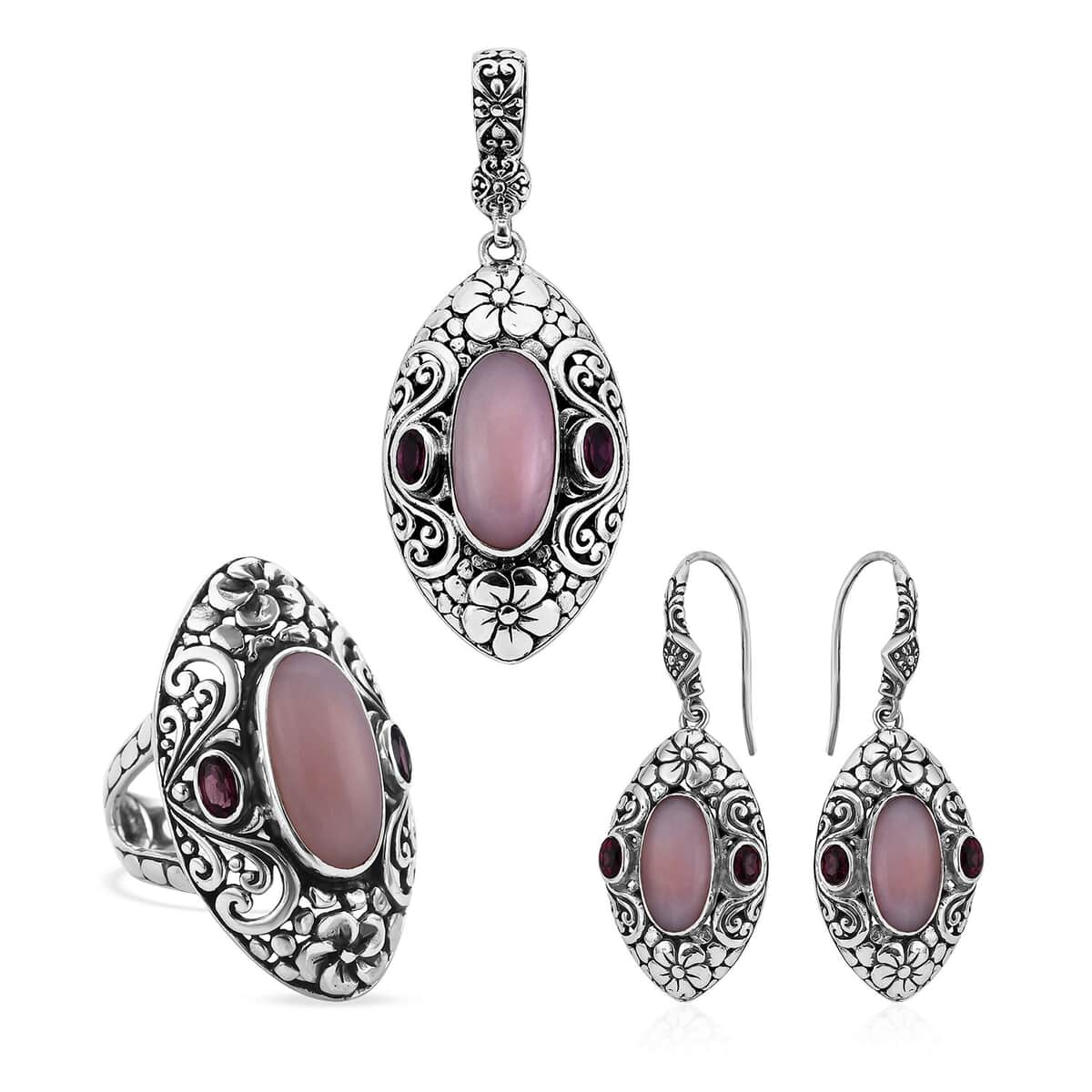 Bali Legacy Peruvian Pink Opal, Orissa Rhodolite Garnet Ring Size 6, Earrings and Pendant in Sterling Silver 19.35 ctw image number 0