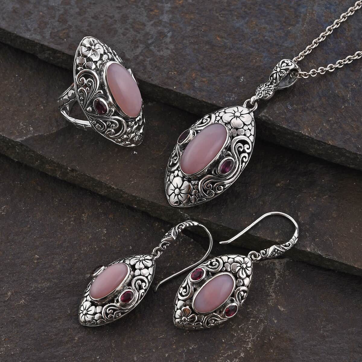 Bali Legacy Peruvian Pink Opal, Orissa Rhodolite Garnet Ring Size 6, Earrings and Pendant in Sterling Silver 19.35 ctw image number 1