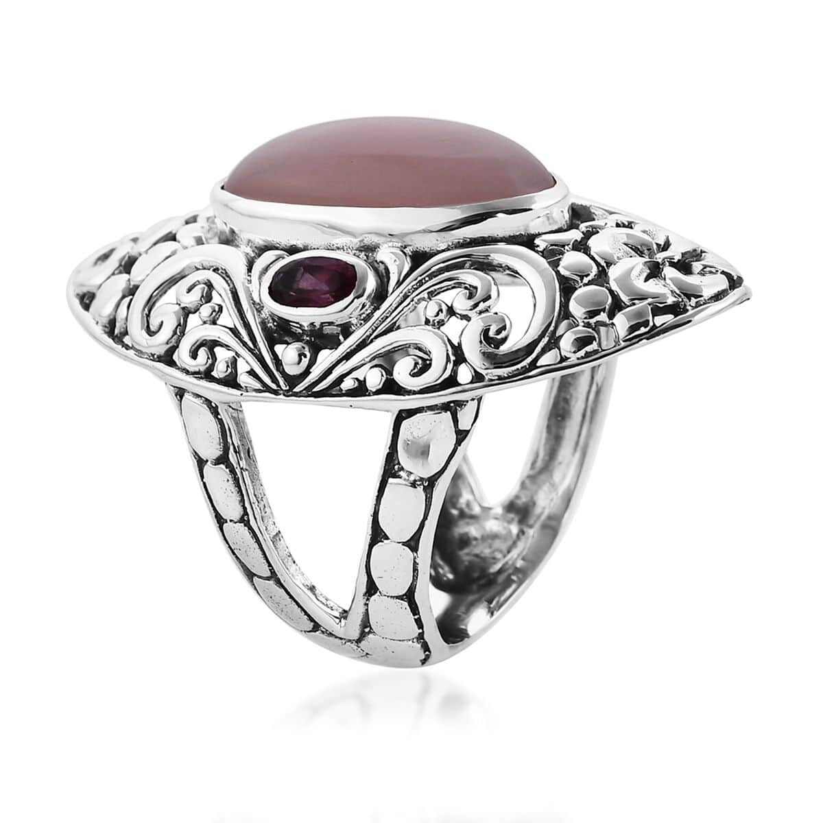 Bali Legacy Peruvian Pink Opal, Orissa Rhodolite Garnet Ring Size 6, Earrings and Pendant in Sterling Silver 19.35 ctw image number 2