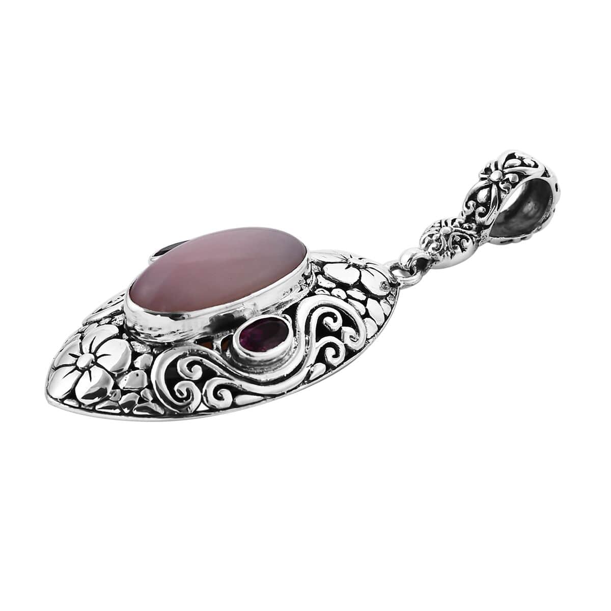 Bali Legacy Peruvian Pink Opal, Orissa Rhodolite Garnet Ring Size 6, Earrings and Pendant in Sterling Silver 19.35 ctw image number 4