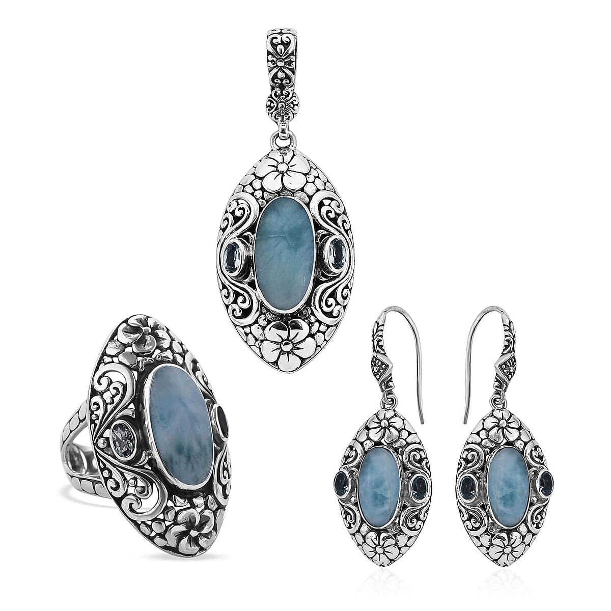 Bali Legacy Larimar, Blue Topaz Ring Size 7, Earrings and Pendant in Sterling Silver 25.35 ctw image number 0