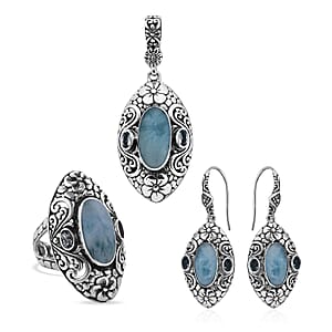 Bali Legacy Larimar, Blue Topaz Ring Size 7, Earrings and Pendant in Sterling Silver 25.35 ctw