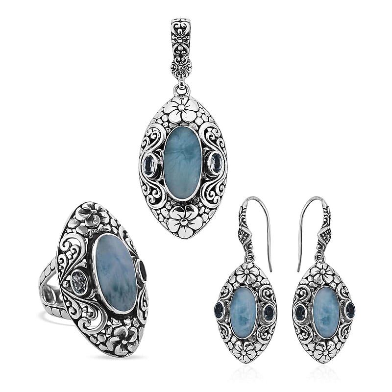 Bali Legacy Larimar, Blue Topaz Ring Size 7, Earrings and Pendant in Sterling Silver 25.35 ctw