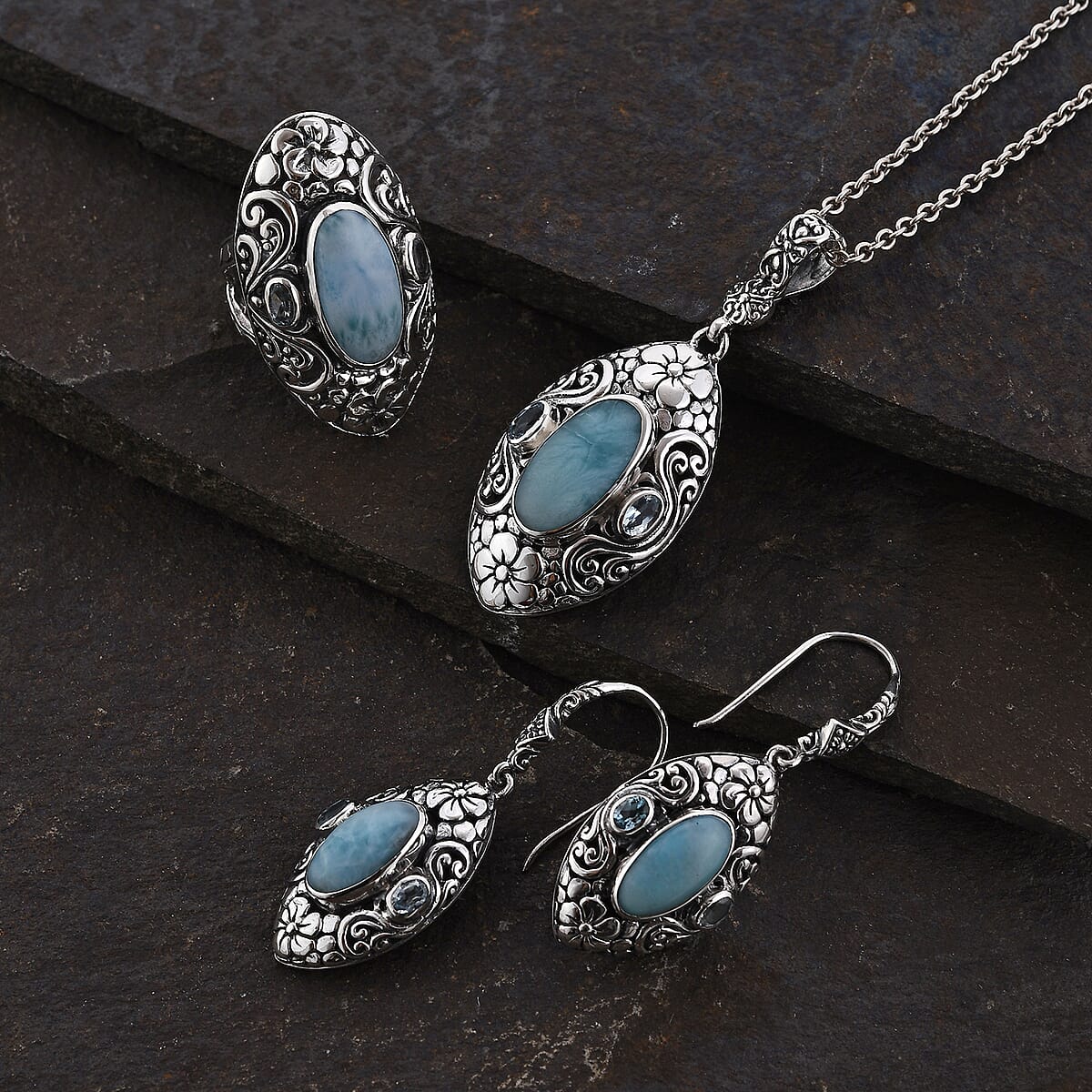 Bali Legacy Larimar, Blue Topaz Ring Size 7, Earrings and Pendant in Sterling Silver 25.35 ctw image number 1
