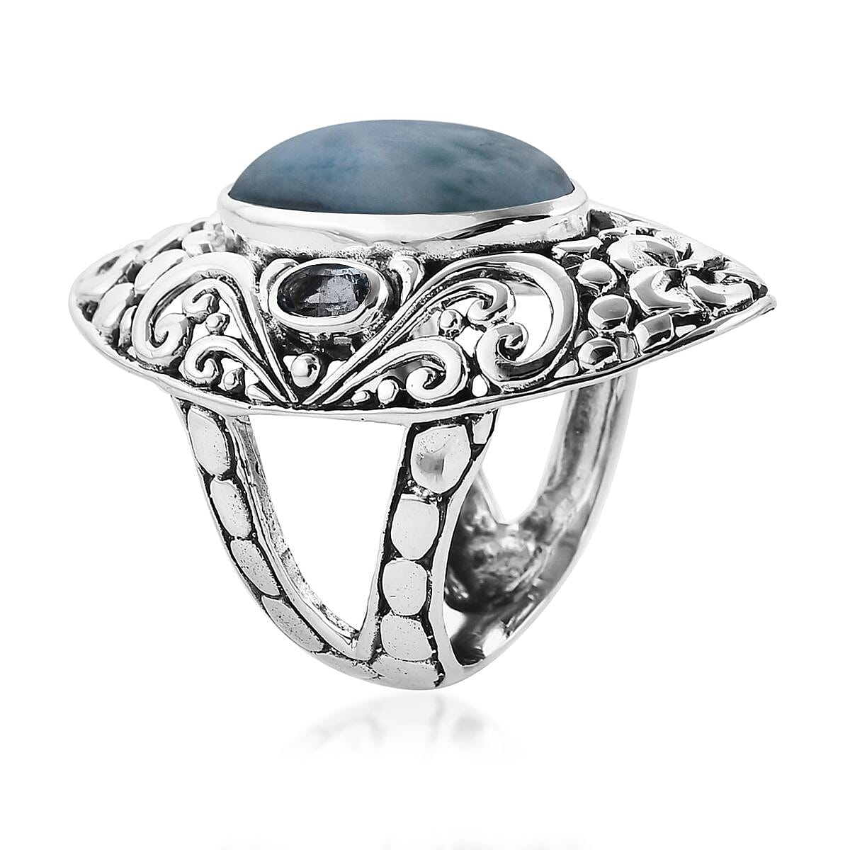 Bali Legacy Larimar, Blue Topaz Ring Size 7, Earrings and Pendant in Sterling Silver 25.35 ctw image number 2
