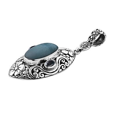 Bali Legacy Larimar, Blue Topaz Ring Size 7, Earrings and Pendant in Sterling Silver 25.35 ctw