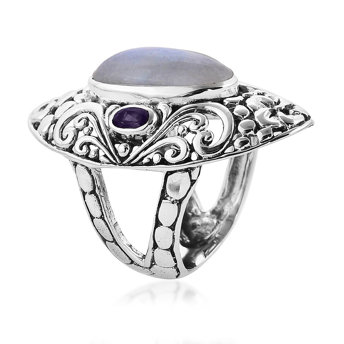 Bali Legacy Rainbow Moonstone, Amethyst Ring Size 9, Earrings and Pendant in Sterling Silver 25.10 ctw image number 2