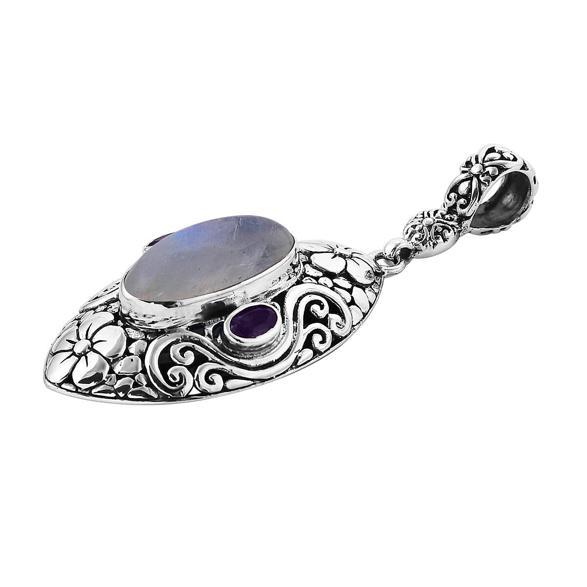 Bali Legacy Rainbow Moonstone, Amethyst Ring Size 9, Earrings and Pendant in Sterling Silver 25.10 ctw image number 4
