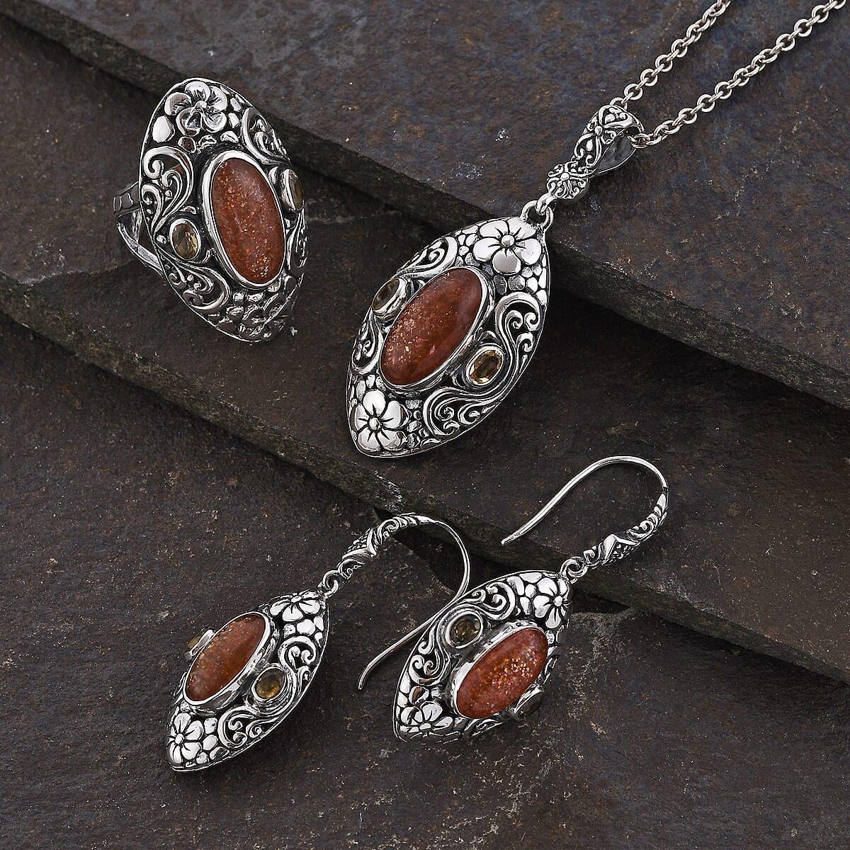Bali Legacy Sri Lankan Sunstone, Brazilian Citrine Ring Size 7, Earrings and Pendant in Sterling Silver 21.60 ctw image number 1