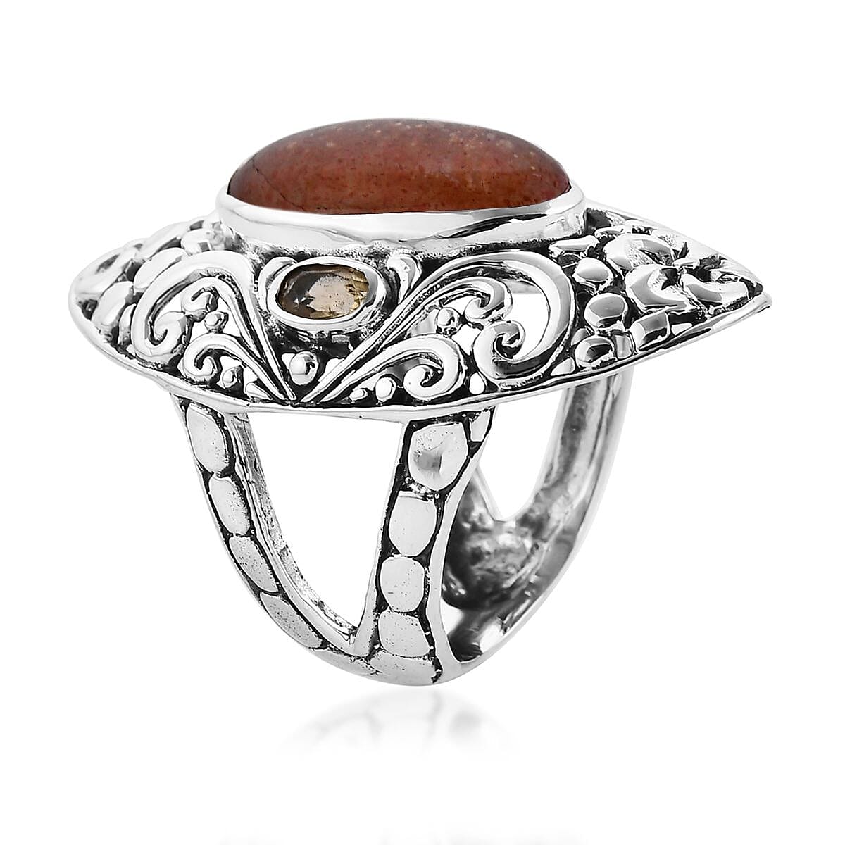 Bali Legacy Sri Lankan Sunstone, Brazilian Citrine Ring Size 7, Earrings and Pendant in Sterling Silver 21.60 ctw image number 2