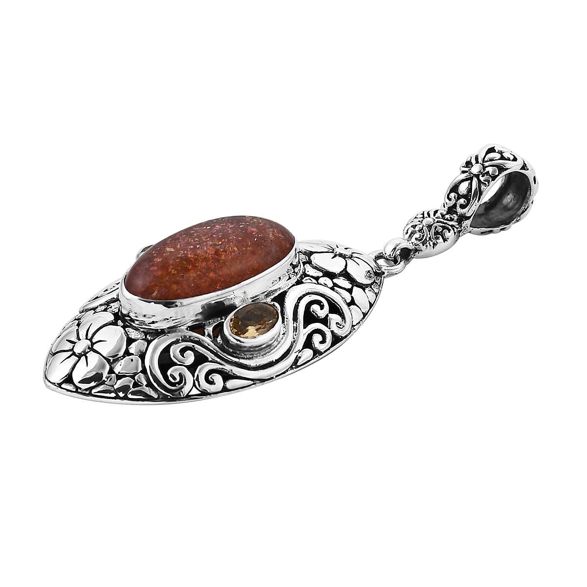 Bali Legacy Sri Lankan Sunstone, Brazilian Citrine Ring Size 7, Earrings and Pendant in Sterling Silver 21.60 ctw image number 4