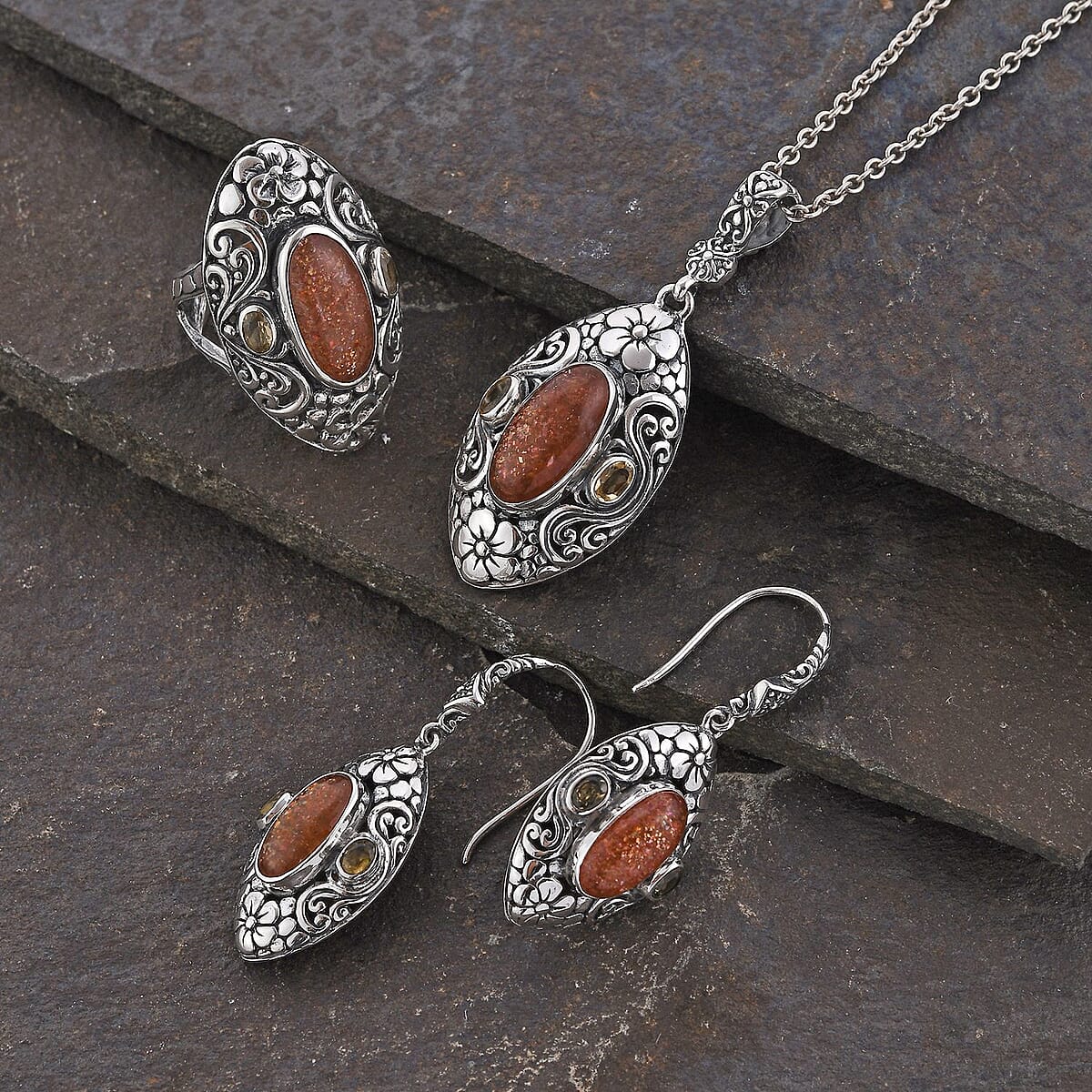 Bali Legacy Sri Lankan Sunstone, Brazilian Citrine Ring Size 8, Earrings and Pendant in Sterling Silver 21.60 ctw image number 1