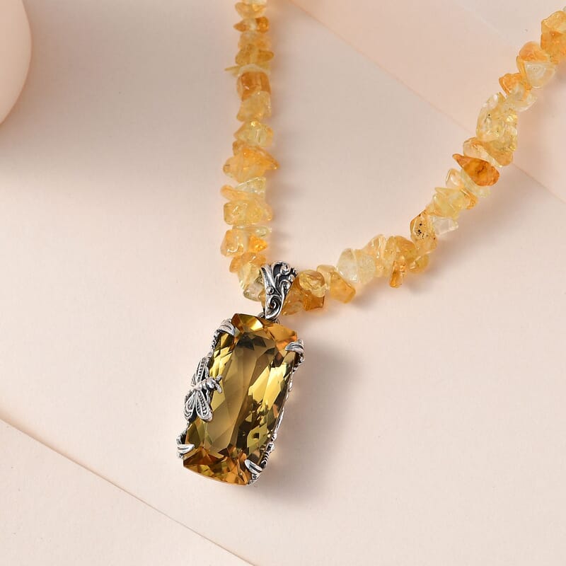 Artisan Crafted Brazilian Citrine Dragonfly Pendant with Chips Necklace 20 Inches in Sterling Silver 83.90 ctw