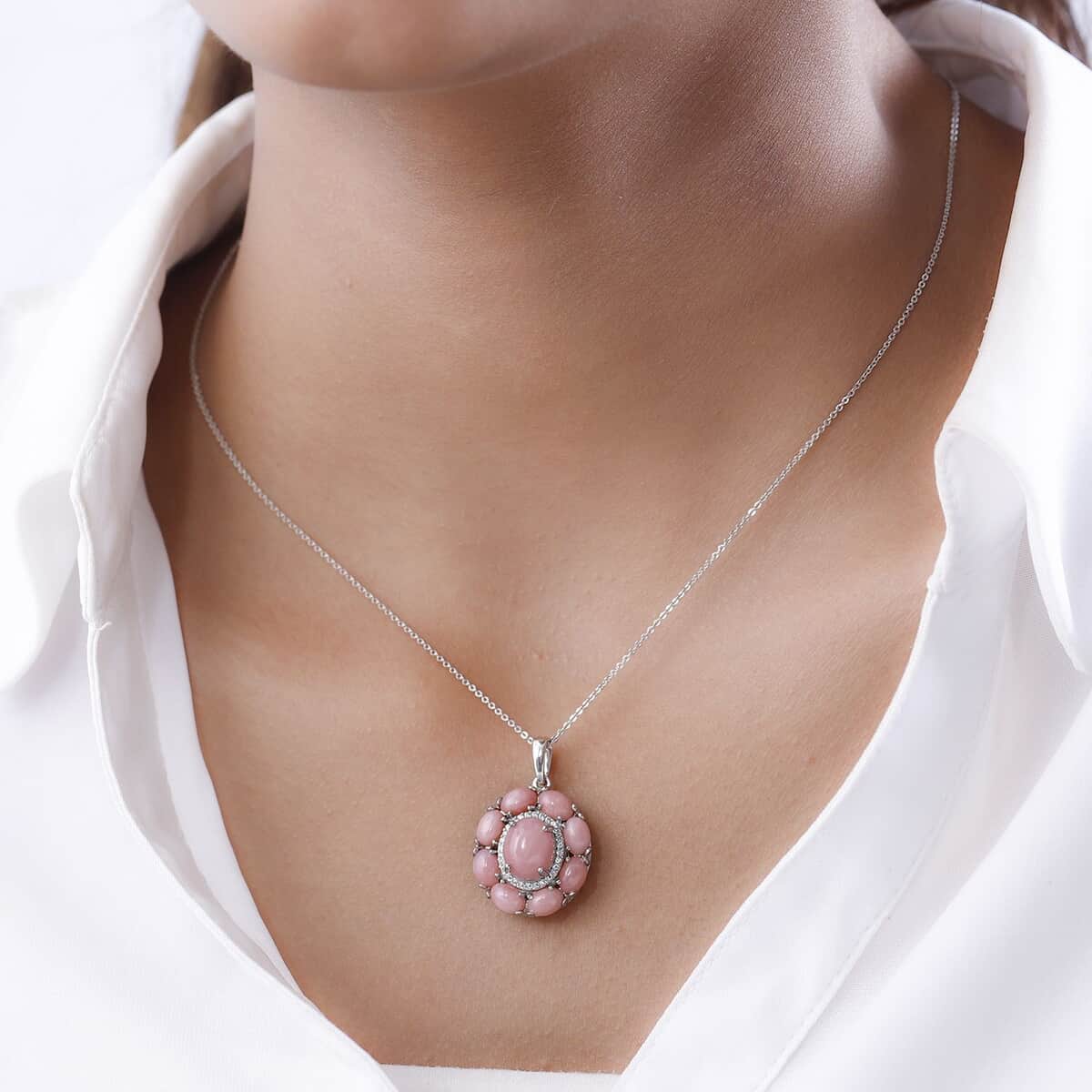 Premium Peruvian Pink Opal and White Zircon Cocktail Pendant Necklace 20 Inches in Platinum Over Sterling Silver 5.60 ctw image number 2