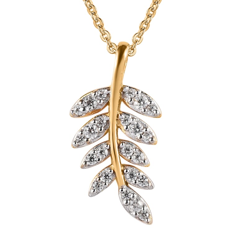 White Zircon Floral Leaf Pendant Necklace 20 Inches in Vermeil Yellow Gold Over Sterling Silver 0.25 ctw