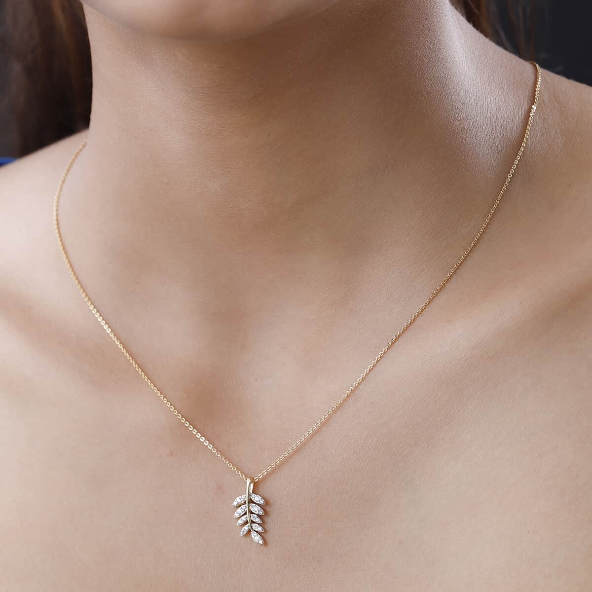 White Zircon Floral Leaf Pendant Necklace 20 Inches in Vermeil Yellow Gold Over Sterling Silver 0.25 ctw image number 2