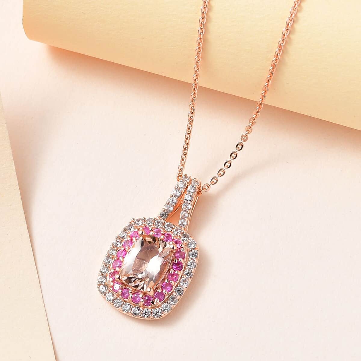 Premium Marropino Morganite and Multi Gemstone Pendant Necklace 20 Inches in Vermeil Rose Gold Over Sterling Silver 1.75 ctw image number 1