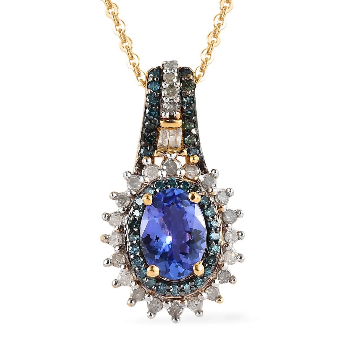 TLV AAA Tanzanite, Blue Diamond (IR), Diamond (0.35 cts) Sunburst Pendant Necklace (20 Inches) in Vermeil YG Over Sterling Silver 1.10 ctw image number 0