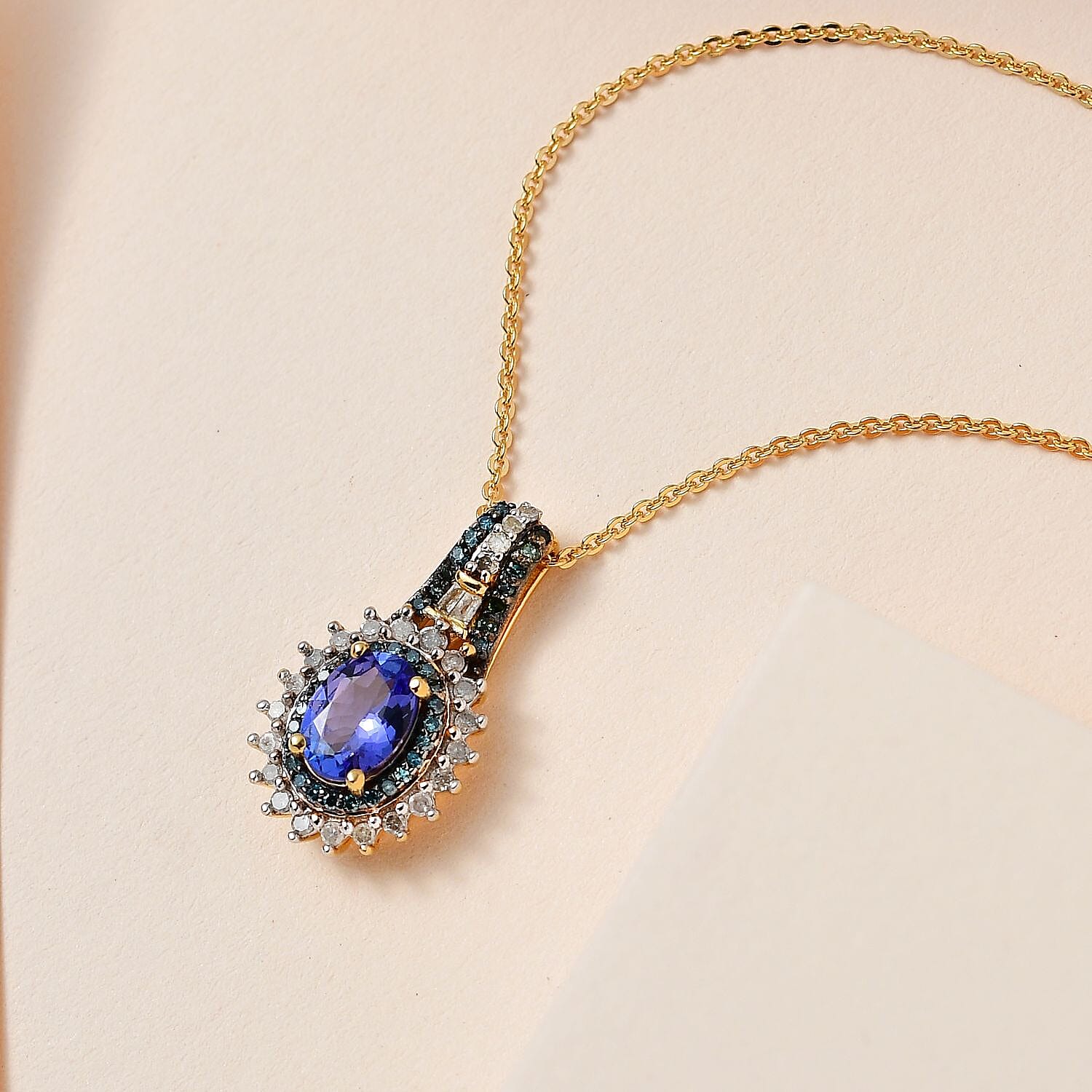 AAA Tanzanite, Blue and White Diamond Sunburst Pendant Necklace 20 Inches in Vermeil Yellow Gold Over Sterling Silver 1.10 ctw