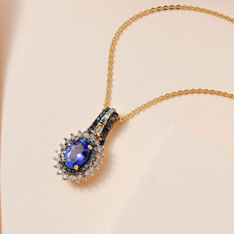 AAA Tanzanite, Blue and White Diamond Sunburst Pendant Necklace 20 Inches in Vermeil Yellow Gold Over Sterling Silver 1.10 ctw