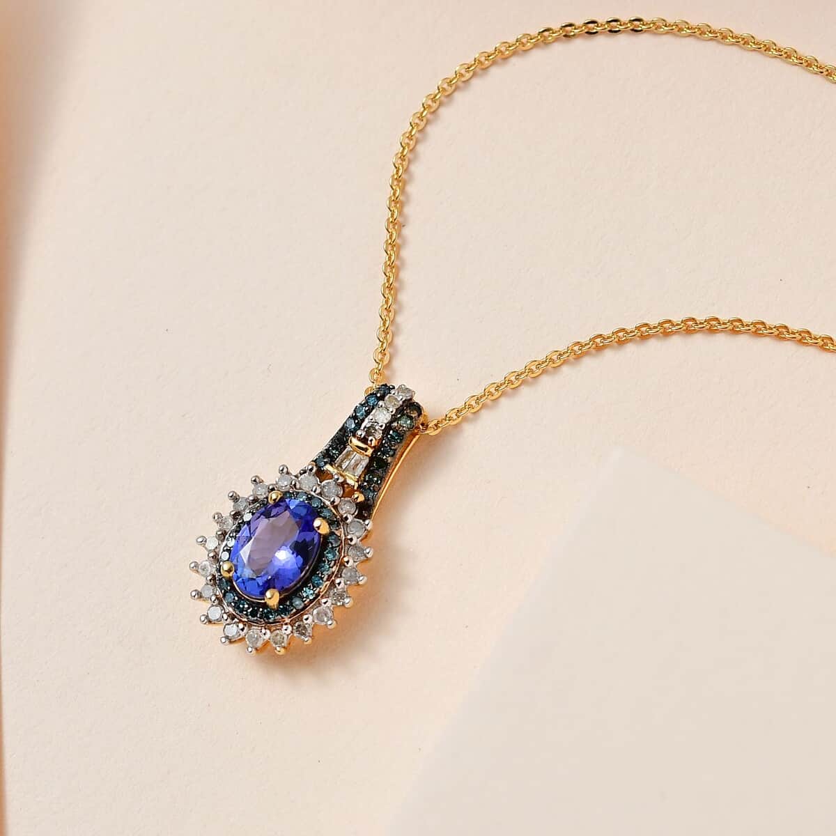 TLV AAA Tanzanite, Blue Diamond (IR), Diamond (0.35 cts) Sunburst Pendant Necklace (20 Inches) in Vermeil YG Over Sterling Silver 1.10 ctw image number 1