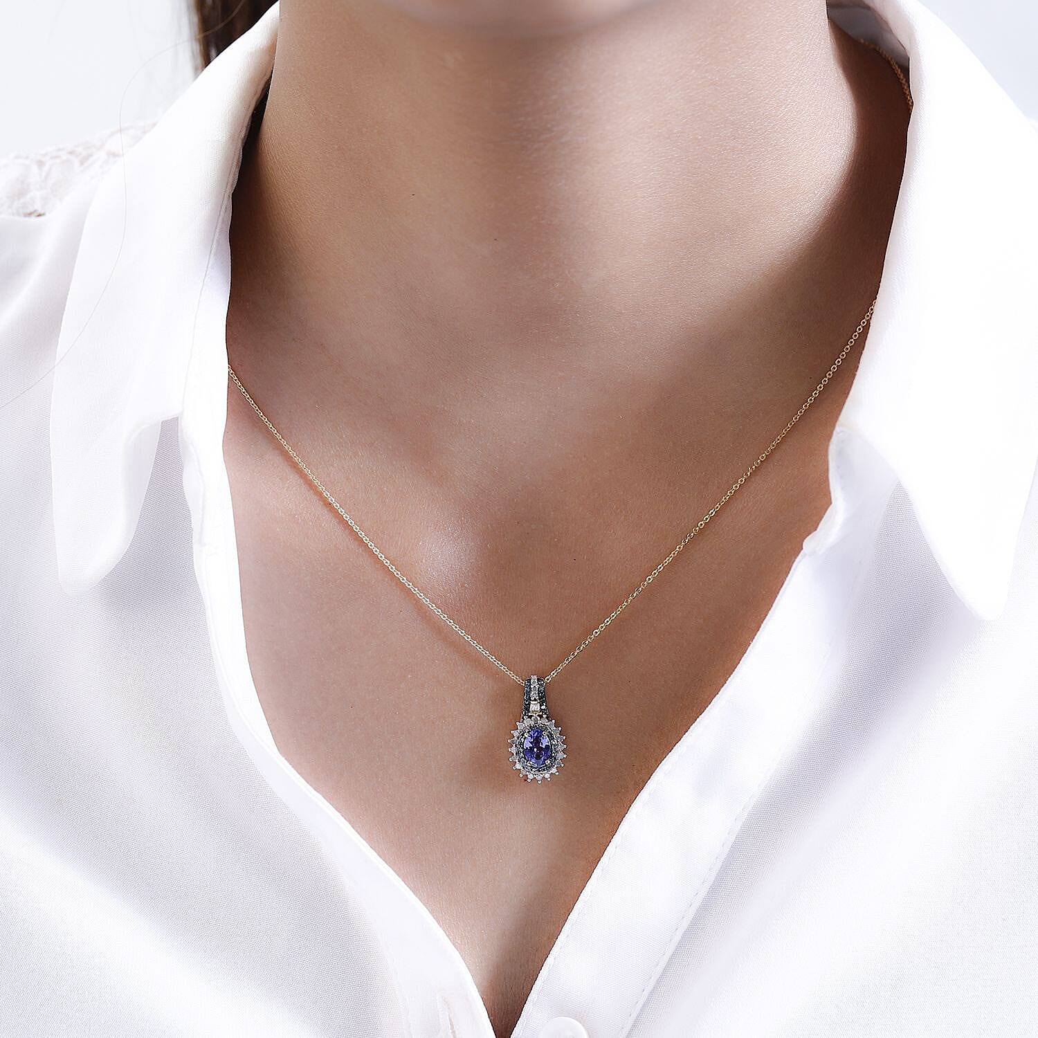 AAA Tanzanite, Blue and White Diamond Sunburst Pendant Necklace 20 Inches in Vermeil Yellow Gold Over Sterling Silver 1.10 ctw
