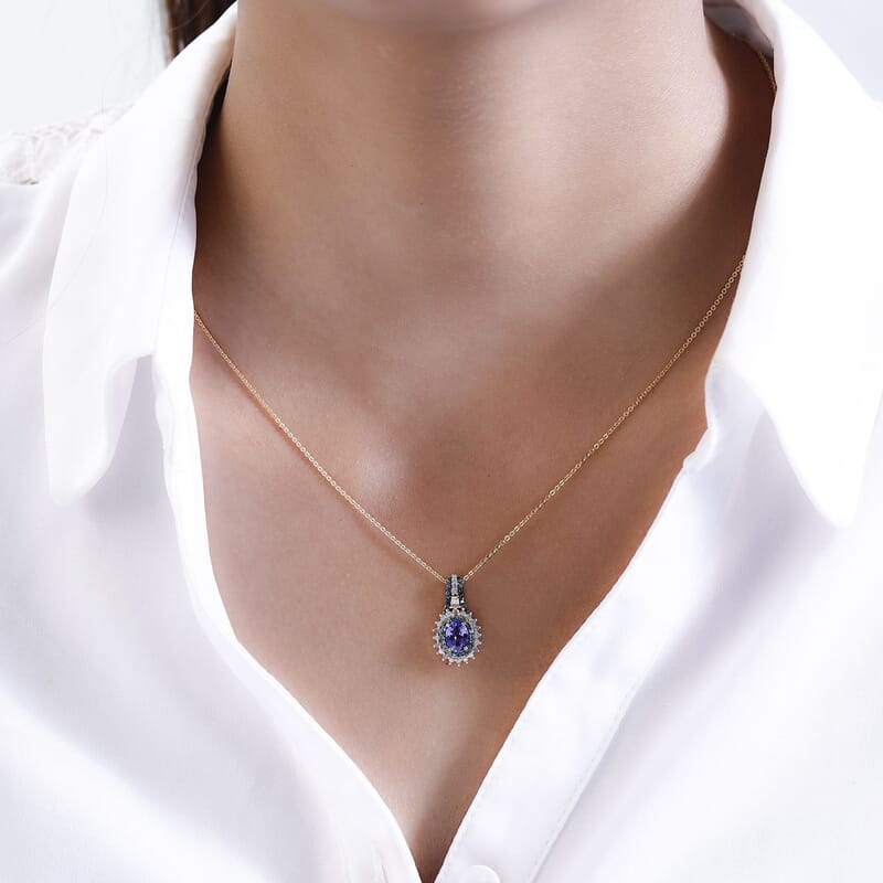 AAA Tanzanite, Blue and White Diamond Sunburst Pendant Necklace 20 Inches in Vermeil Yellow Gold Over Sterling Silver 1.10 ctw