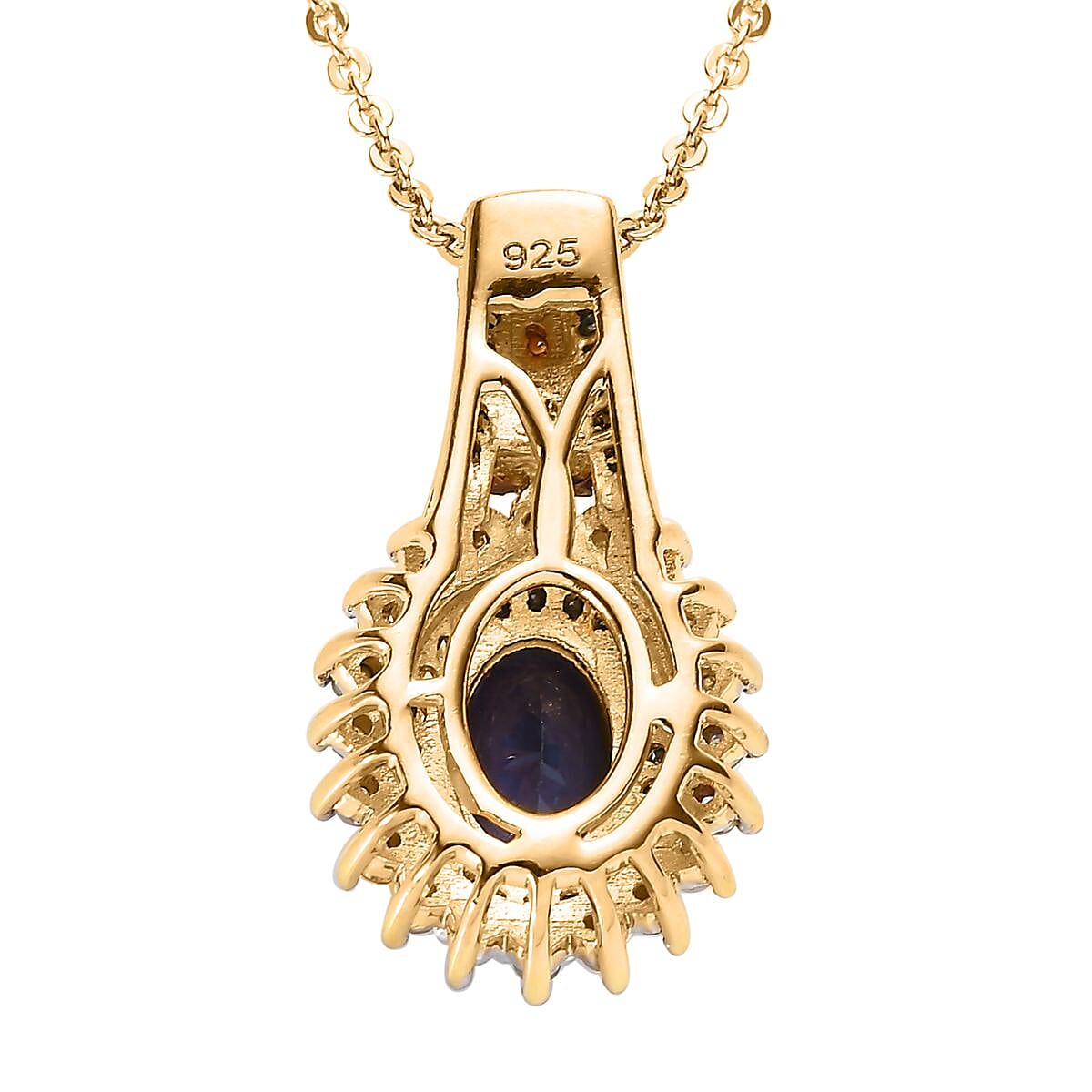 AAA Tanzanite, Blue and White Diamond Sunburst Pendant Necklace 20 Inches in Vermeil Yellow Gold Over Sterling Silver 1.10 ctw