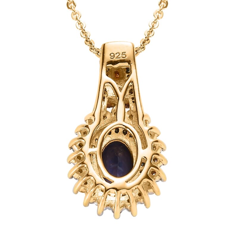 AAA Tanzanite, Blue and White Diamond Sunburst Pendant Necklace 20 Inches in Vermeil Yellow Gold Over Sterling Silver 1.10 ctw