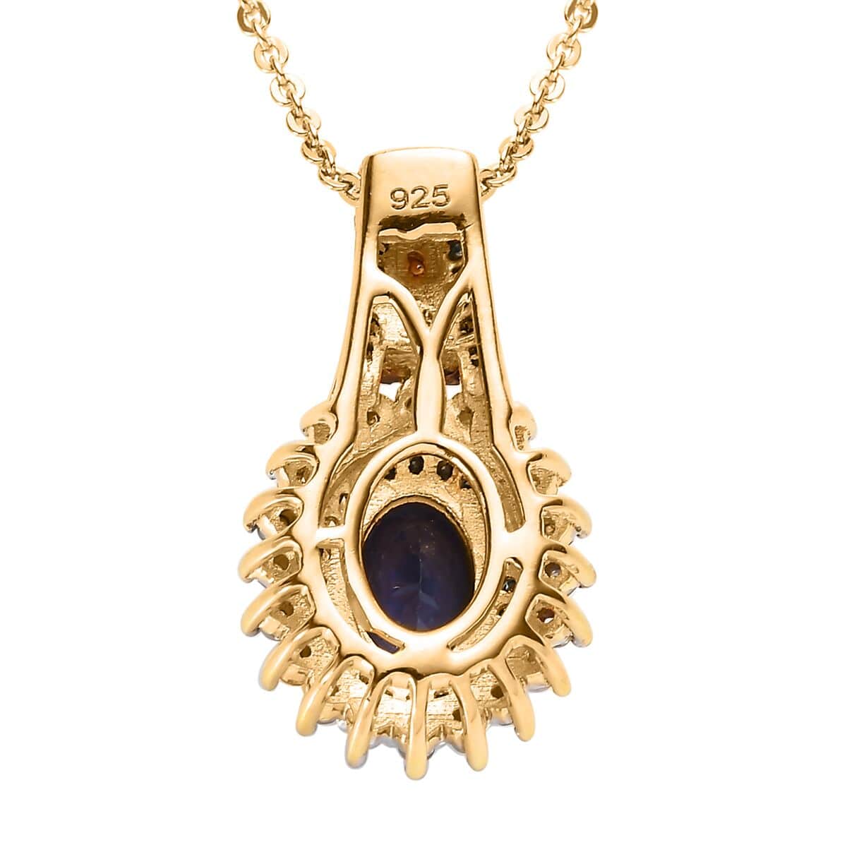 TLV AAA Tanzanite, Blue Diamond (IR), Diamond (0.35 cts) Sunburst Pendant Necklace (20 Inches) in Vermeil YG Over Sterling Silver 1.10 ctw image number 4