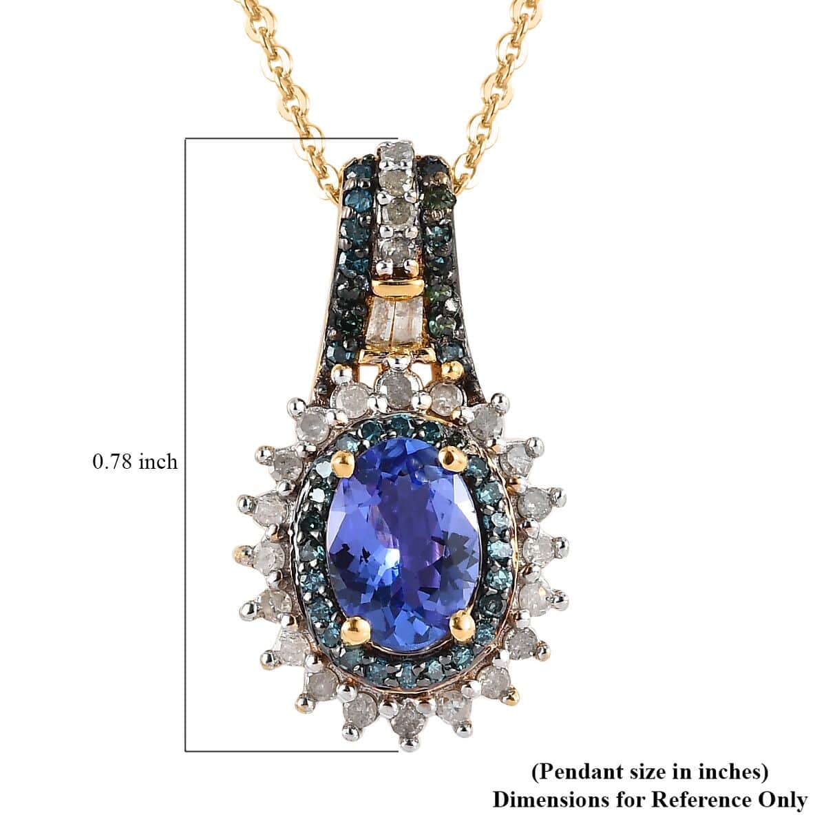 TLV AAA Tanzanite, Blue Diamond (IR), Diamond (0.35 cts) Sunburst Pendant Necklace (20 Inches) in Vermeil YG Over Sterling Silver 1.10 ctw image number 6
