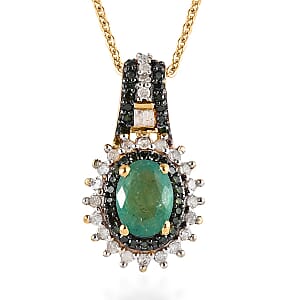 AAA Kagem Zambian Emerald, Green and White Diamond Sunburst Pendant Necklace 20 Inches in Vermeil Yellow Gold Over Sterling Silver 1.10 ctw