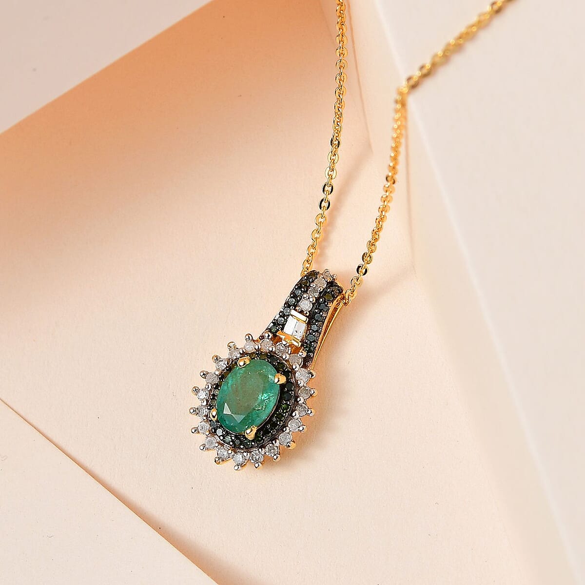 AAA Kagem Zambian Emerald, Green and White Diamond Sunburst Pendant Necklace 20 Inches in Vermeil Yellow Gold Over Sterling Silver 1.10 ctw image number 1