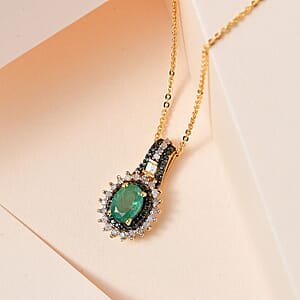 AAA Kagem Zambian Emerald, Green and White Diamond Sunburst Pendant Necklace 20 Inches in Vermeil Yellow Gold Over Sterling Silver 1.10 ctw