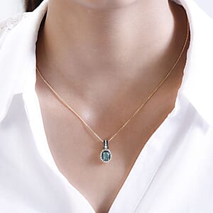 AAA Kagem Zambian Emerald, Green and White Diamond Sunburst Pendant Necklace 20 Inches in Vermeil Yellow Gold Over Sterling Silver 1.10 ctw