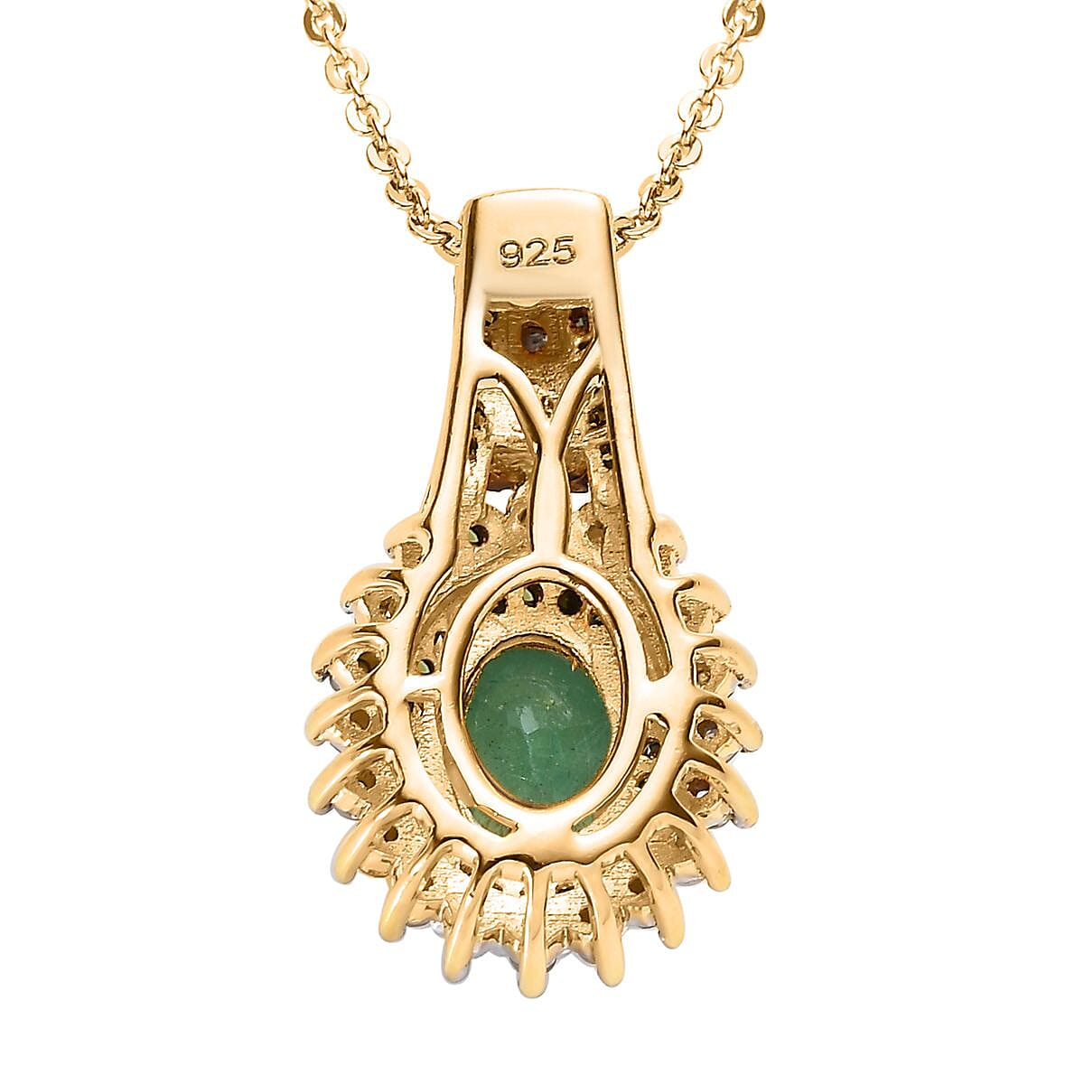 AAA Kagem Zambian Emerald, Green and White Diamond Sunburst Pendant Necklace 20 Inches in Vermeil Yellow Gold Over Sterling Silver 1.10 ctw image number 4