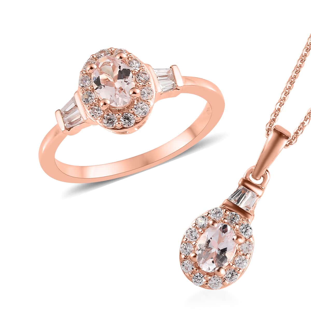 Pink Morganite and White Zircon Halo Ring and Pendant Necklace 20 Inches in Vermeil Rose Gold Over Sterling Silver 1.75 ctw image number 0