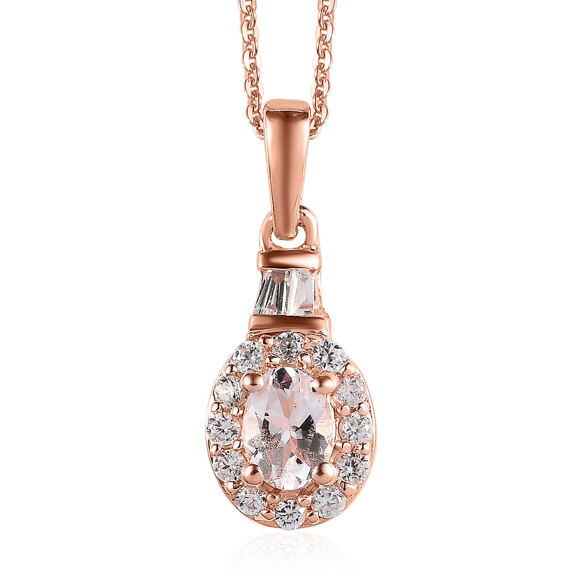 Pink Morganite and White Zircon Halo Ring (Size 5.0) and Pendant Necklace 20 Inches in Vermeil Rose Gold Over Sterling Silver 1.75 ctw