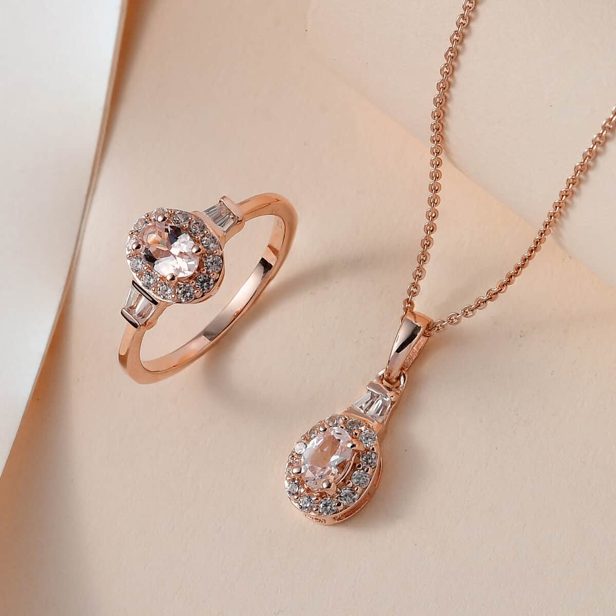 Pink Morganite and White Zircon Halo Ring (Size 6.0) and Pendant Necklace 20 Inches in Vermeil Rose Gold Over Sterling Silver 1.75 ctw image number 1