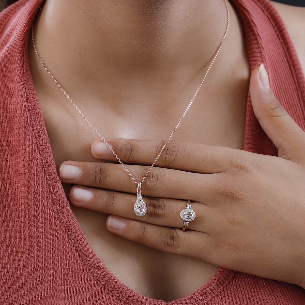 Pink Morganite and White Zircon Halo Ring (Size 6.0) and Pendant Necklace 20 Inches in Vermeil Rose Gold Over Sterling Silver 1.75 ctw image number 2