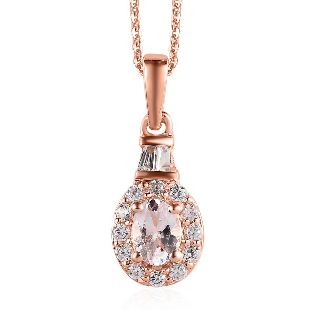 Pink Morganite and White Zircon Halo Ring (Size 10.0) Pendant Necklace 20 Inches in Vermeil Rose Gold Over Sterling Silver 1.75 ctw image number 6
