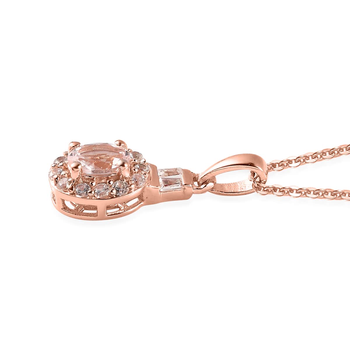 Pink Morganite and White Zircon Halo Ring (Size 10.0) Pendant Necklace 20 Inches in Vermeil Rose Gold Over Sterling Silver 1.75 ctw image number 7