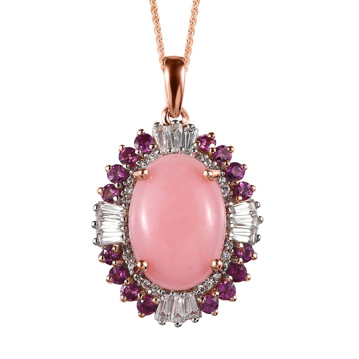 Premium Peruvian Pink Opal and Multi Gemstone Floral Pendant Necklace 20 Inches in Vermeil Rose Gold Over Sterling Silver 6.00 ctw image number 0