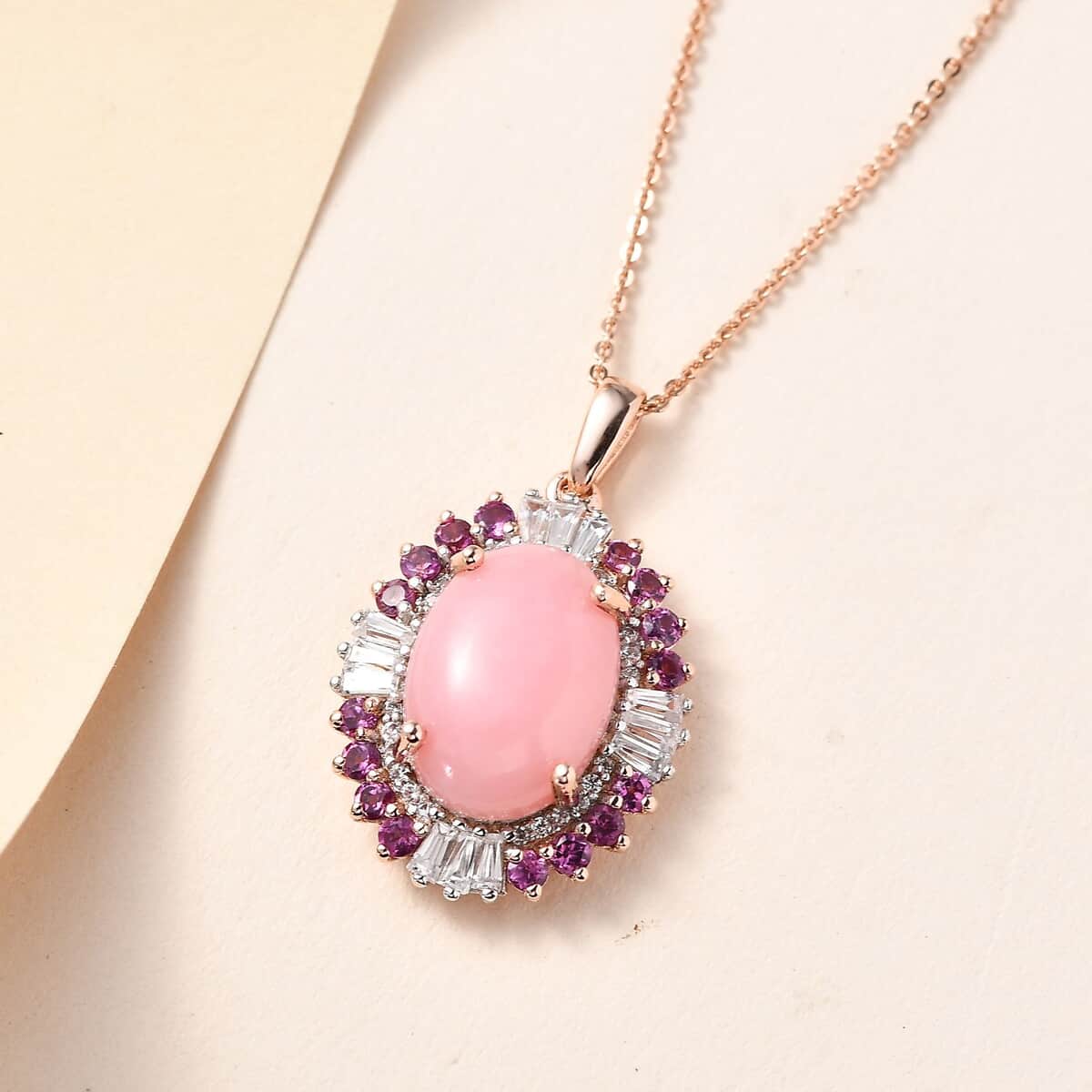 Premium Peruvian Pink Opal and Multi Gemstone Floral Pendant Necklace 20 Inches in Vermeil Rose Gold Over Sterling Silver 6.00 ctw image number 1