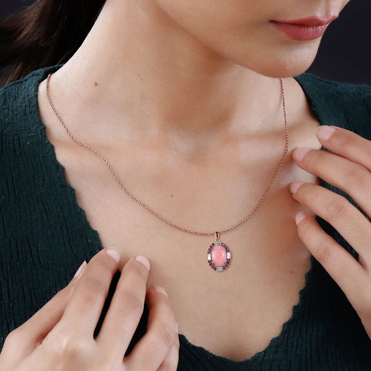 Premium Peruvian Pink Opal and Multi Gemstone Floral Pendant Necklace 20 Inches in Vermeil Rose Gold Over Sterling Silver 6.00 ctw image number 2